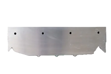 A long shear blade with notched cutting profile and mounting holes.